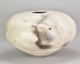ANTONIA SALMON (born 1959); a very large round smoke fired stoneware vessel with burnished and