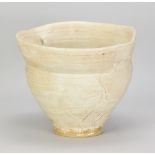 RYOJI KOIE (1938-2020); a stoneware vessel covered in white glaze with incised and impressed