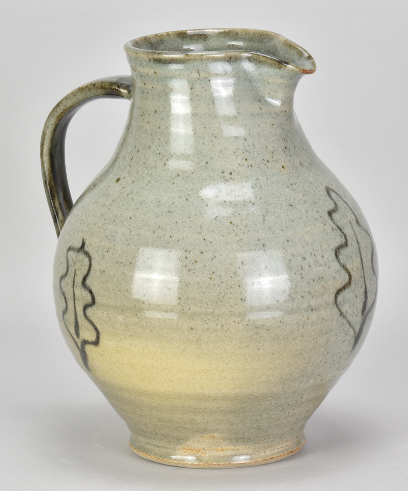 ADRIAN LEWIS-EVANS (1927-2021); a large stoneware bellied jug covered in grey/green glaze with oak