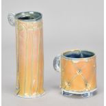 SARAH DUNSTAN (born 1969); a cylindrical porcelain vessel with side handle, impressed mark, height