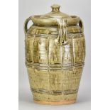 JIM MALONE (born 1946); a very large triple handled stoneware bread crock covered in green ash and