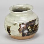 JANET LEACH (1918-1997) for Leach Pottery; an altered stoneware jar partially covered in grey ash