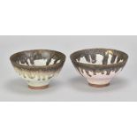 PETER WILLS (born 1955); a near pair of small stoneware bowls covered in pitted pale green and