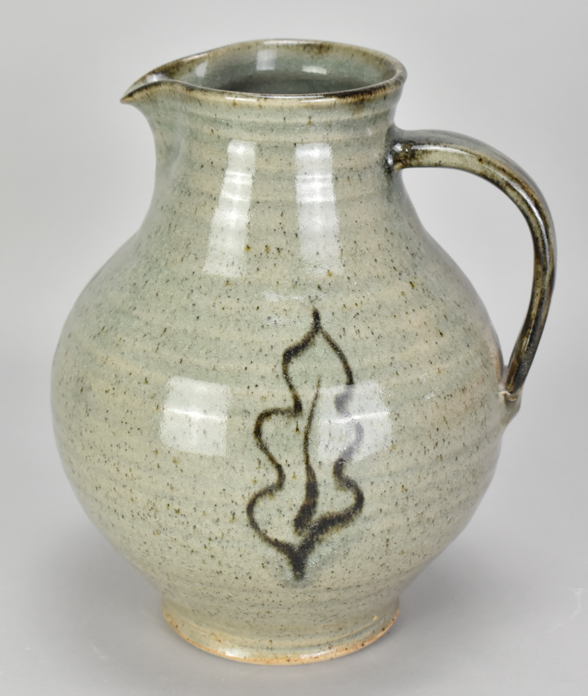 ADRIAN LEWIS-EVANS (1927-2021); a large stoneware bellied jug covered in grey/green glaze with oak - Bild 3 aus 5