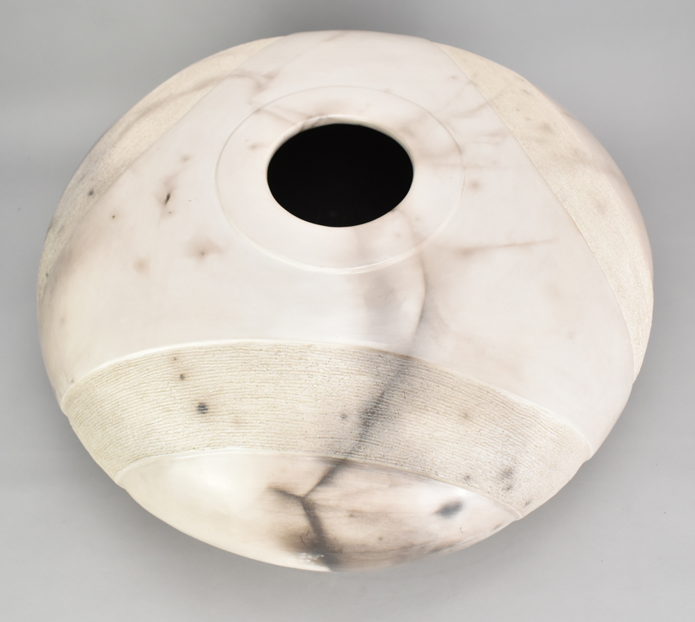 ANTONIA SALMON (born 1959); a very large round smoke fired stoneware vessel with burnished and - Image 2 of 4