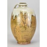 JIM MALONE (born 1946); a large stoneware bottle with side handle covered in ochre glaze with nuka