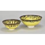 PETER WILLS (born 1955); a grogged porcelain bowl covered in bright yellow glaze with bronze running