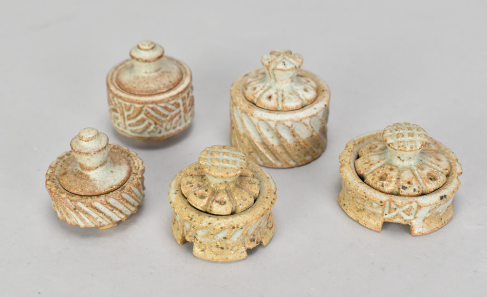 IAN GODFREY (1942-1992); a group of five miniature stoneware pots and covers, largest diameter 4.5cm - Image 2 of 2