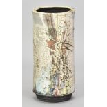 SAM HALL (born 1967); a cylindrical stoneware vessel covered in polychrome slips and crackle glazes,