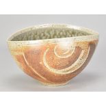 MANDY PARSLOW; an oval salt glazed bowl with wax resist decoration, impressed MP mark and pottery