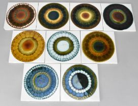 ALAN WALLWORK (1931-2019); a set of nine earthenware tiles, various designs on Pilkington blanks, 15