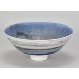 MARY RICH (1940-2022); a porcelain bowl covered in bands of different copper glaze, impressed M