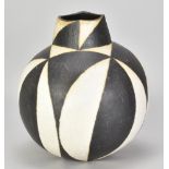 JOHN WARD (born 1938); a stoneware black and white globular vessel with square neck, impressed JW