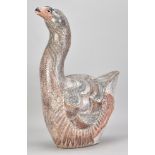 JENNIE HALE; a tall raku sculpture of a goose covered in pink and white crackle glaze, incised