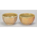 MICKI SCHLOESSINGK (born 1949); a pair of cut sided salt glazed bowls with green ash glaze