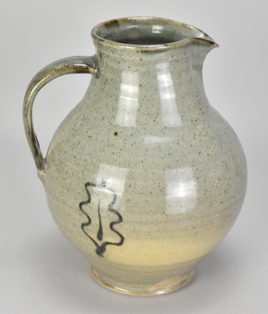 ADRIAN LEWIS-EVANS (1927-2021); a large stoneware bellied jug covered in grey/green glaze with oak - Bild 2 aus 5