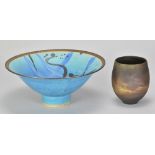 SIMON RICH (born 1949); a stoneware pedestal bowl covered in turquoise glaze with bronze rim and