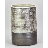 PETER WRIGHT (1919-2003); a large cylindrical calligraphic tin glazed earthenware vessel incised