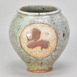 ADRIAN LEWIS-EVANS (1927-2021); a stoneware vase partially covered in blue/grey glaze with copper