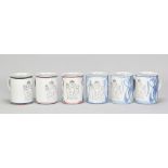 LAURENCE McGOWAN (born 1942) for Aldermaston Pottery; a set of six tin glazed earthenware mugs