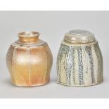 MICKI SCHLOESSINGK (born 1949); a cut sided salt glazed jar and cover, impressed M mark, height 14.