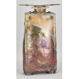 MARC ADRIAENSSENS; a tall rectangular raku bottle and stopper partially covered in copper red and