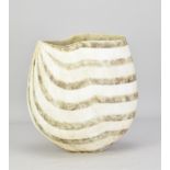 JOHN WARD (born 1938); a deep oval stoneware vessel with stepped rim decorated with concentric