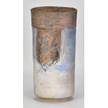 ROBIN WELCH (1936-2019); a tall oval stoneware vessel covered in bands of grey and blue/lilac