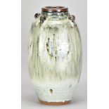 WILLIAM PLUMPTRE (born 1959); a tall lugged stoneware bottle covered in streaky grey and white glaze