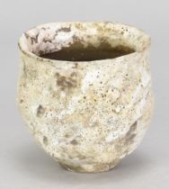 AKI MORIUCHI (born 1947); a stoneware cup form with heavily textured surface, impressed mark, height