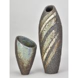 KATY O'NEIL; a grogged stoneware vessel with angled rim and heavily textured and scored surface