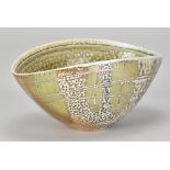 MANDY PARSLOW; a large oval salt glazed bowl with wax resist decoration, impressed MP mark and