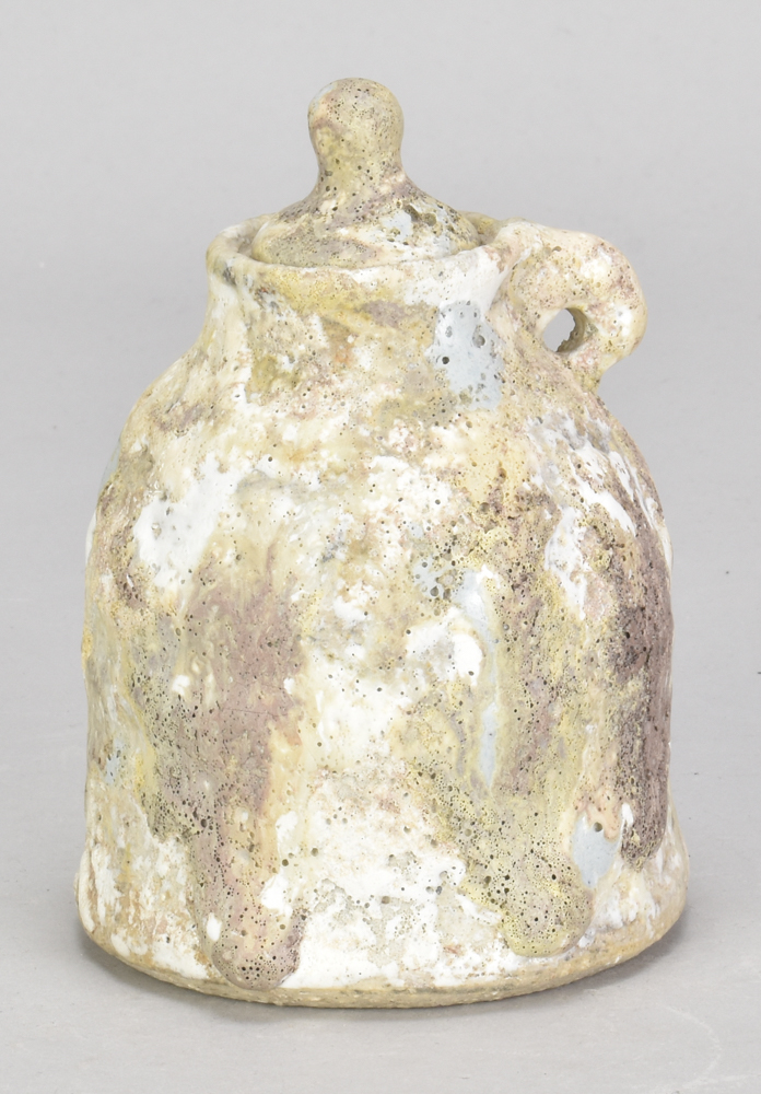 AKI MORIUCHI (born 1947); a stoneware lugged vessel and cover with heavily textured surface,