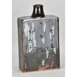 JIM MALONE (born 1946); a large stoneware slab bottle covered in tenmoku breaking to kaki glaze with