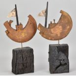MARK SMITH (born 1964); a pair of stoneware sculptures of ships mounted on scorched wooden bases