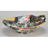 JEAN-PAUL LANDREAU; a large earthenware twin handled bowl decorated with stylised faces and a