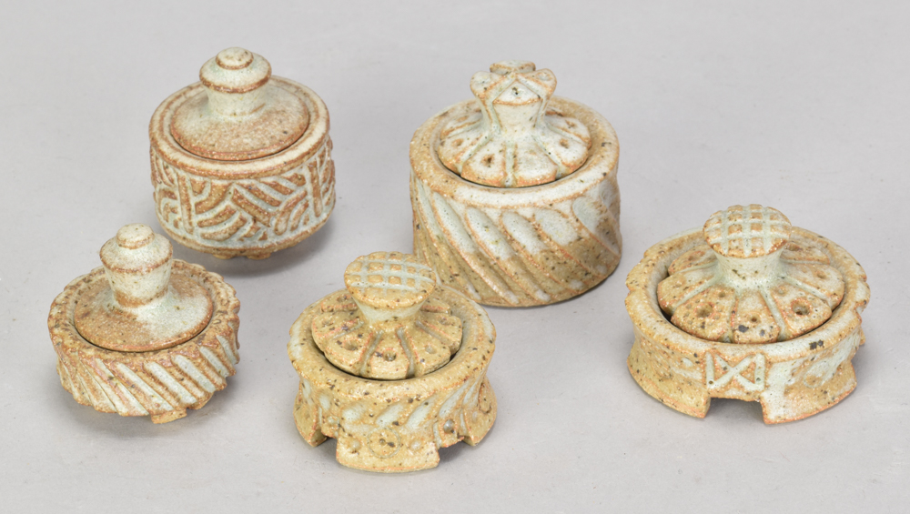 IAN GODFREY (1942-1992); a group of five miniature stoneware pots and covers, largest diameter 4.5cm
