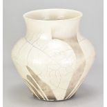 MARTIN EVERSON DAVIS; a raku vessel covered in white crackle glaze with wax resist decoration,