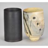 KYRA CANE (born 1962); a stoneware beaker washed with cobalt with iron decoration, incised