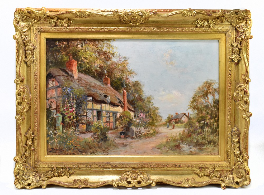 J HUGHES CLAYTON (1870-1930); oil on board, cottage in rural landscape, signed, 36 x 53.5cm, in gilt