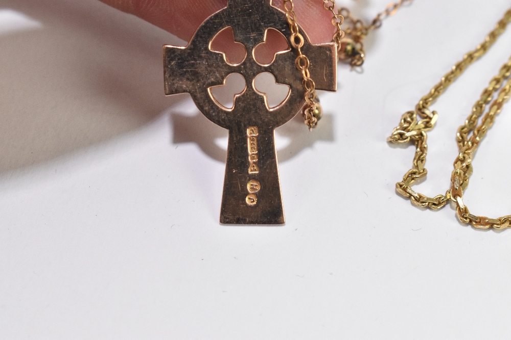 An early 20th century 9ct rose gold Celtic cross pendant on chain, the cross Chester 1913, length - Image 2 of 2