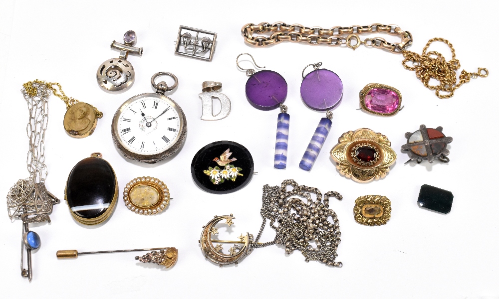 A group of Victorian and later costume jewellery including an oval mourning brooch with plaited hair