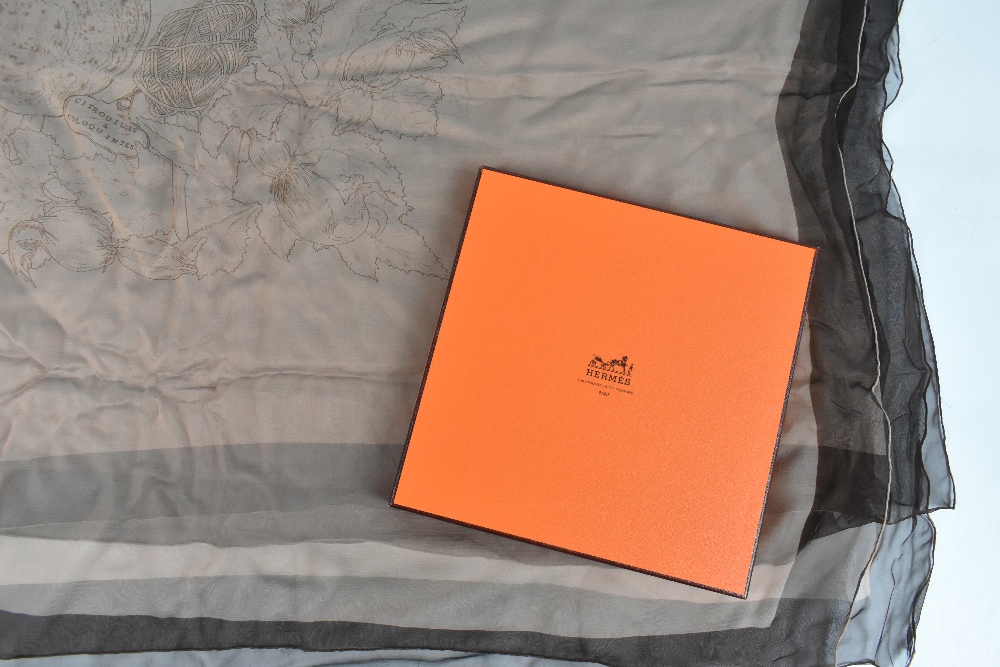 HERMÈS; a 100% silk chiffon orange and brown large Citrouilles et Coloquintes Mousseline scarf - Image 3 of 3