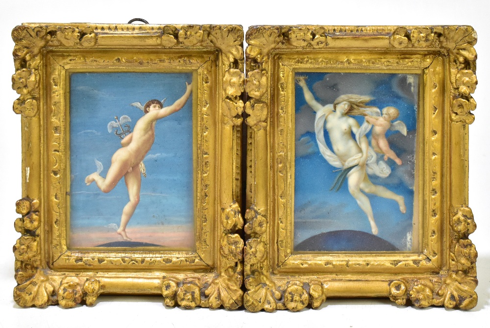 ENGLISH SCHOOL - 19TH CENTURY, pair of watercolours on ivory, Mercury and Venus and Cupid, 13cm x