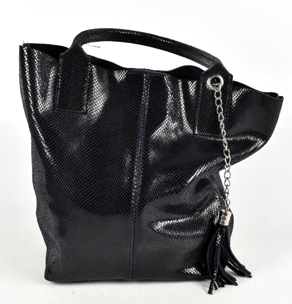 A navy blue snakeskin embossed leather large tote bag with double top handles, magnetic fastener,