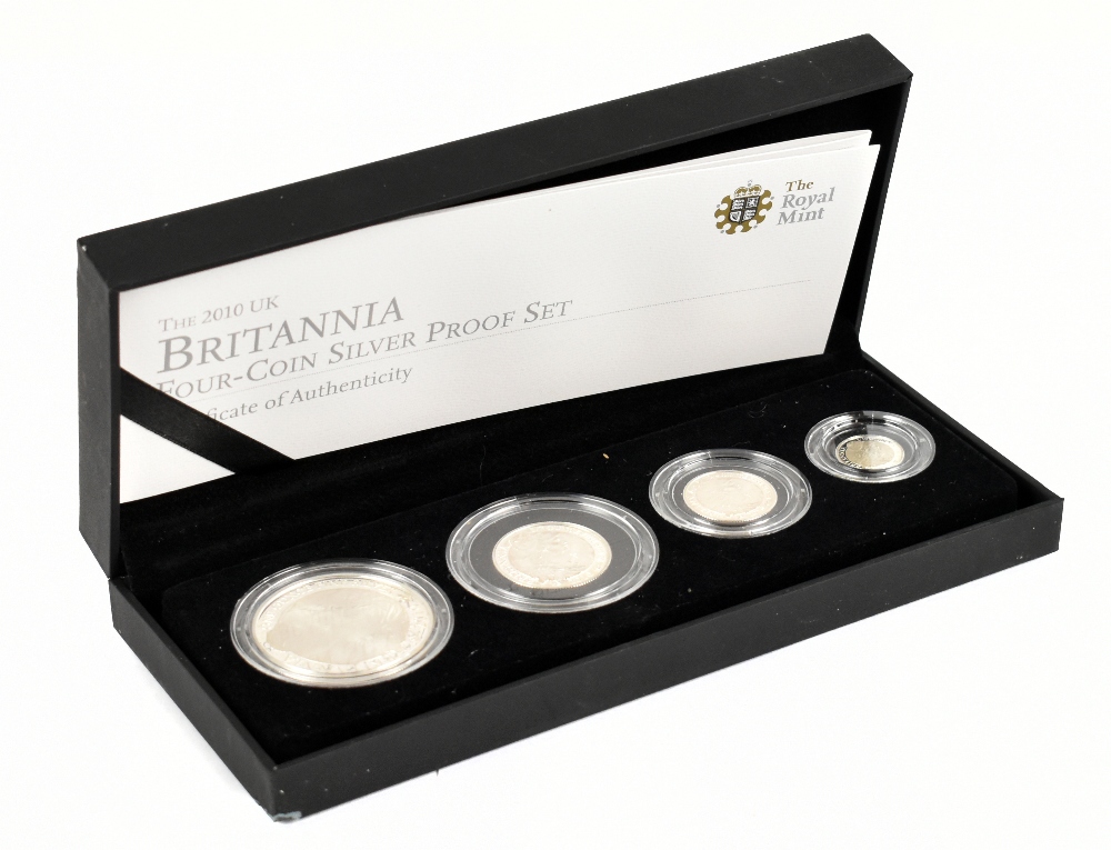 THE ROYAL MINT; the 2010 UK Britannia four-coin silver proof set, comprising £2, £1, 50p and 20p, in