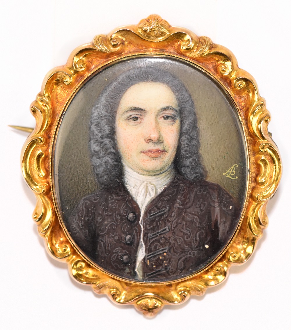 ANDREW BENJAMIN LENS (c1713-c1779); oval portrait miniature, study of a gentleman in ornate yellow