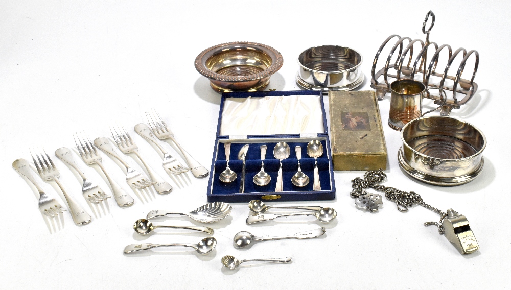 A small selection of silver plate including a six division toast rack, a pair of bottle stands.