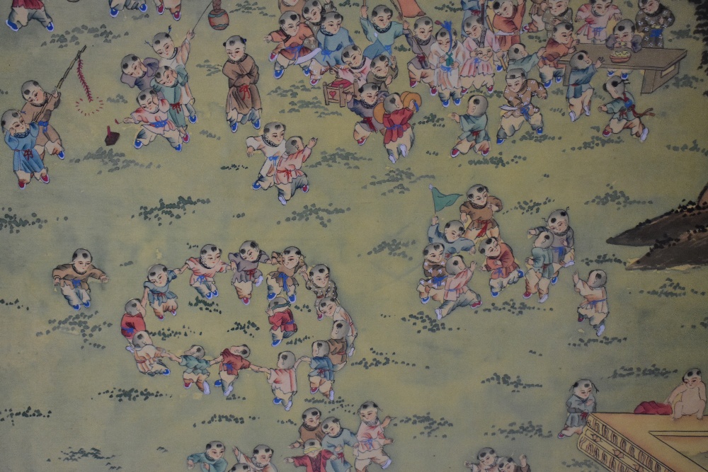 Two large decorative Chinese watercolours, one depicting one hundred boys at play, 85 x 51.5cm, - Image 6 of 7