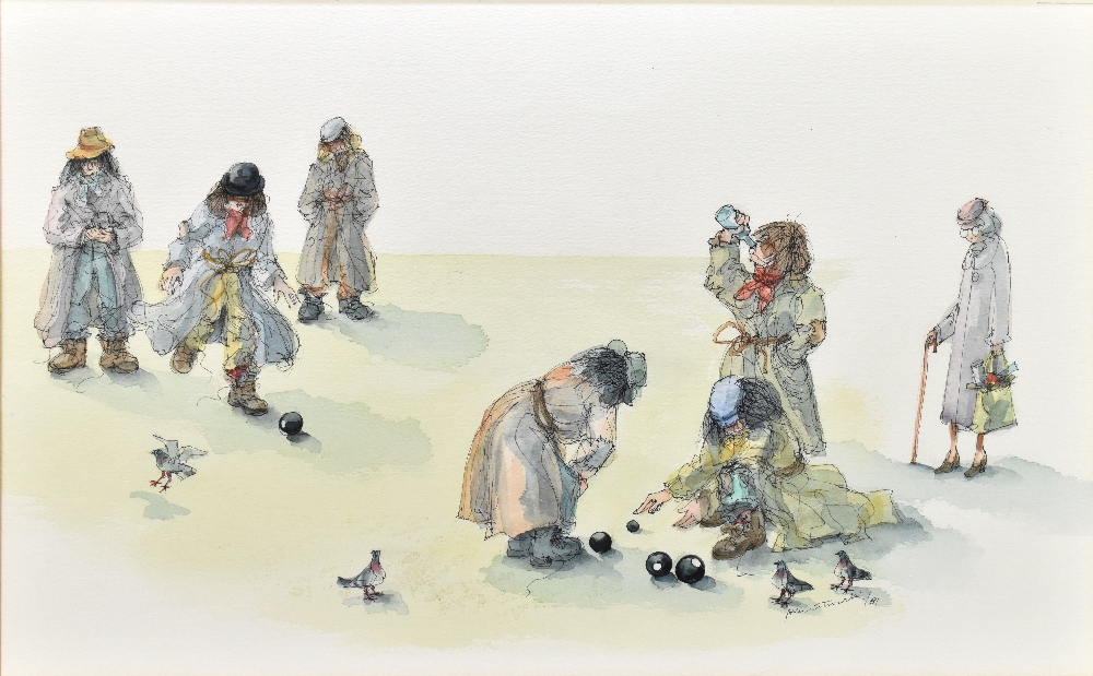 ALBIN TROWSKI (1919-2012); ink and watercolour, park scene with tramps playing bowls, signed and - Image 2 of 5